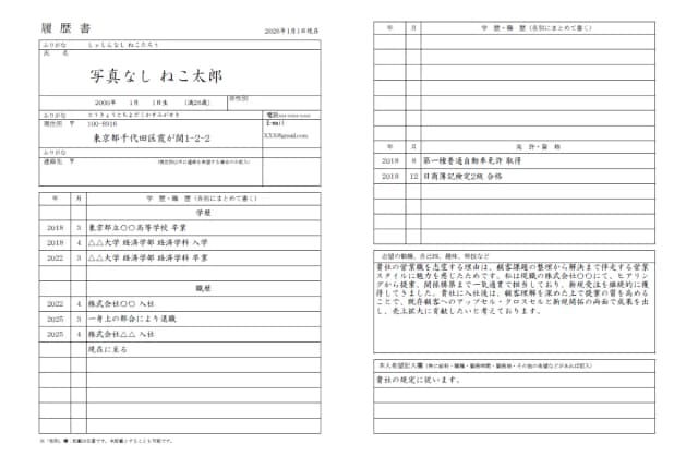 証明写真なし履歴書のサンプル 1ページ目