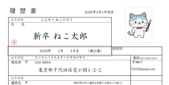 新卒用履歴書のサンプル 生年月日・年齢