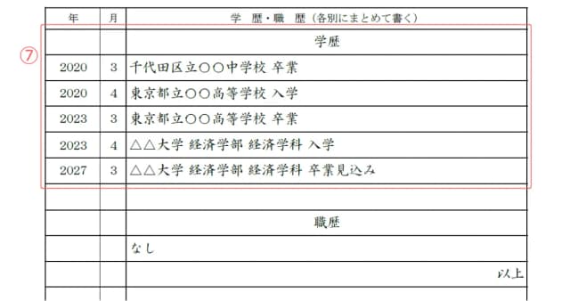 新卒用履歴書のサンプル 学歴