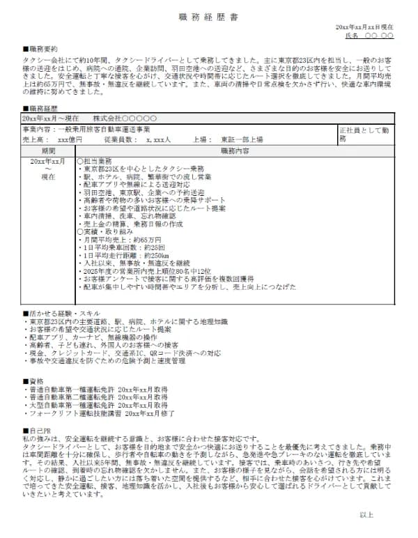ドライバー用職務経歴書のサンプル 1ページ目