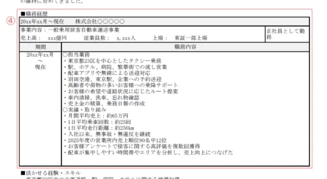 ドライバー用職務経歴書のサンプル 職務経歴