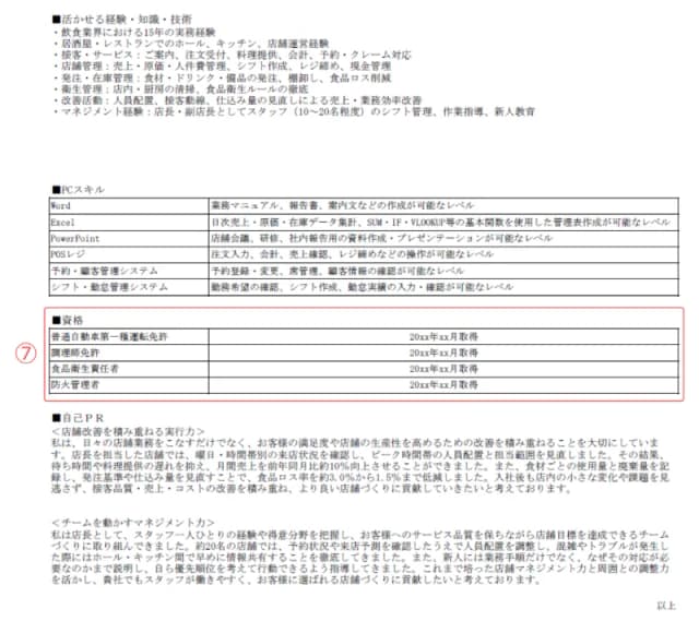 飲食店用職務経歴書のサンプル 資格