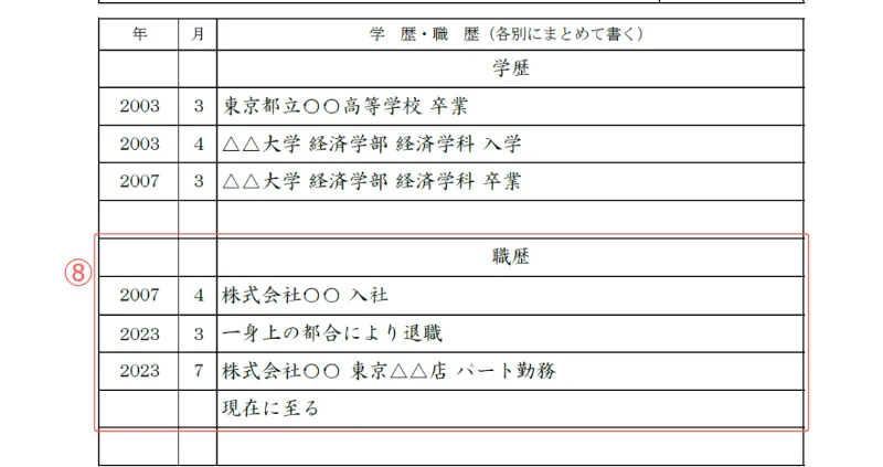 パート用履歴書のサンプル 職歴
