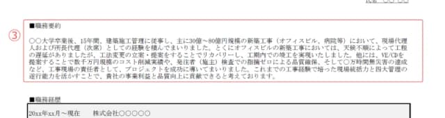施工管理用職務経歴書のサンプル 職務要約
